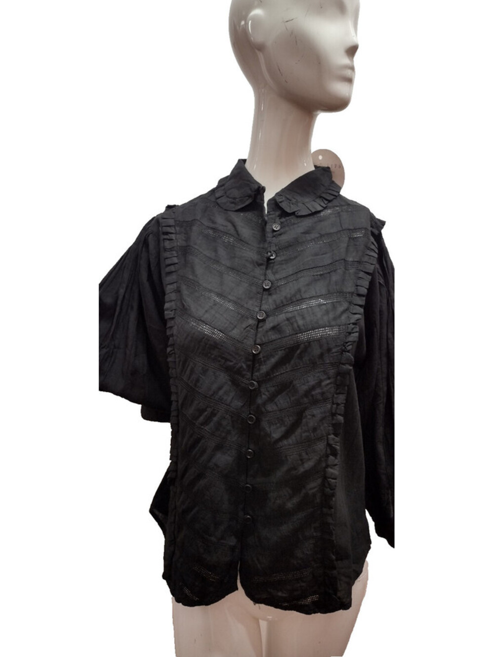 Zodiac 1970s Peasant Black Cotton Blouse Victorian Goth Bohemian Size M Busty!